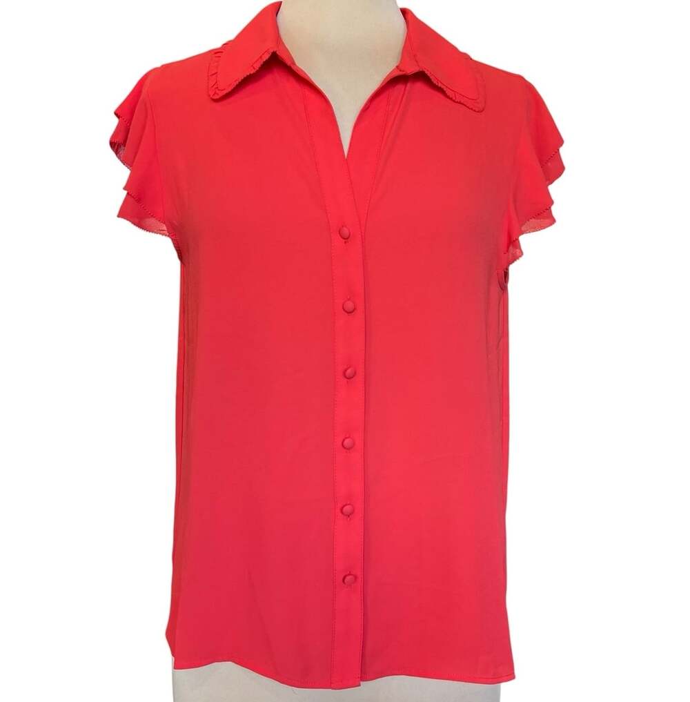 NWT T Tahari Poppy Red Blouse Large L Flutter Sleeve Button Front Top Shirt